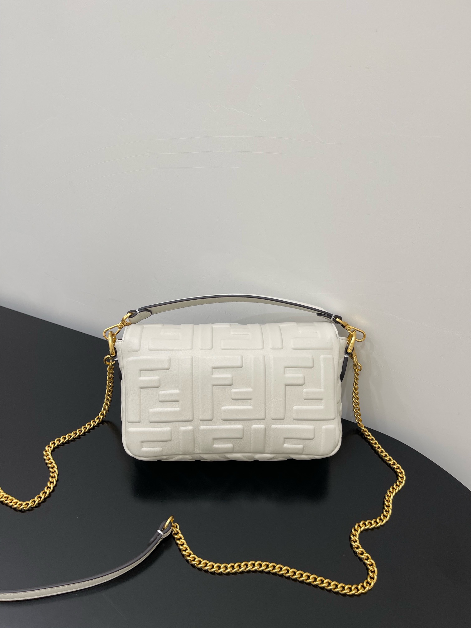 Fendi Mini Baguette Nappa Leather 3D-effect FF Shoulder Bag White 